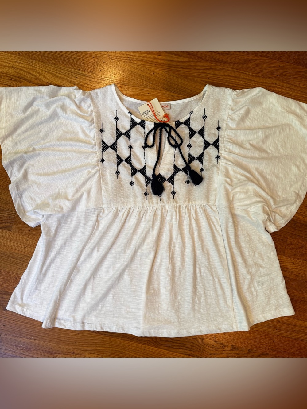 Knox Rose White Embroidered Boho Flutter Sleeve Tassel Top NWT Sz XXL